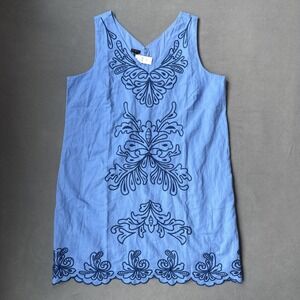 Talbots Dress Womens 16 Blue Shift Embroidered Intricate Scroll Linen Cotton NWT